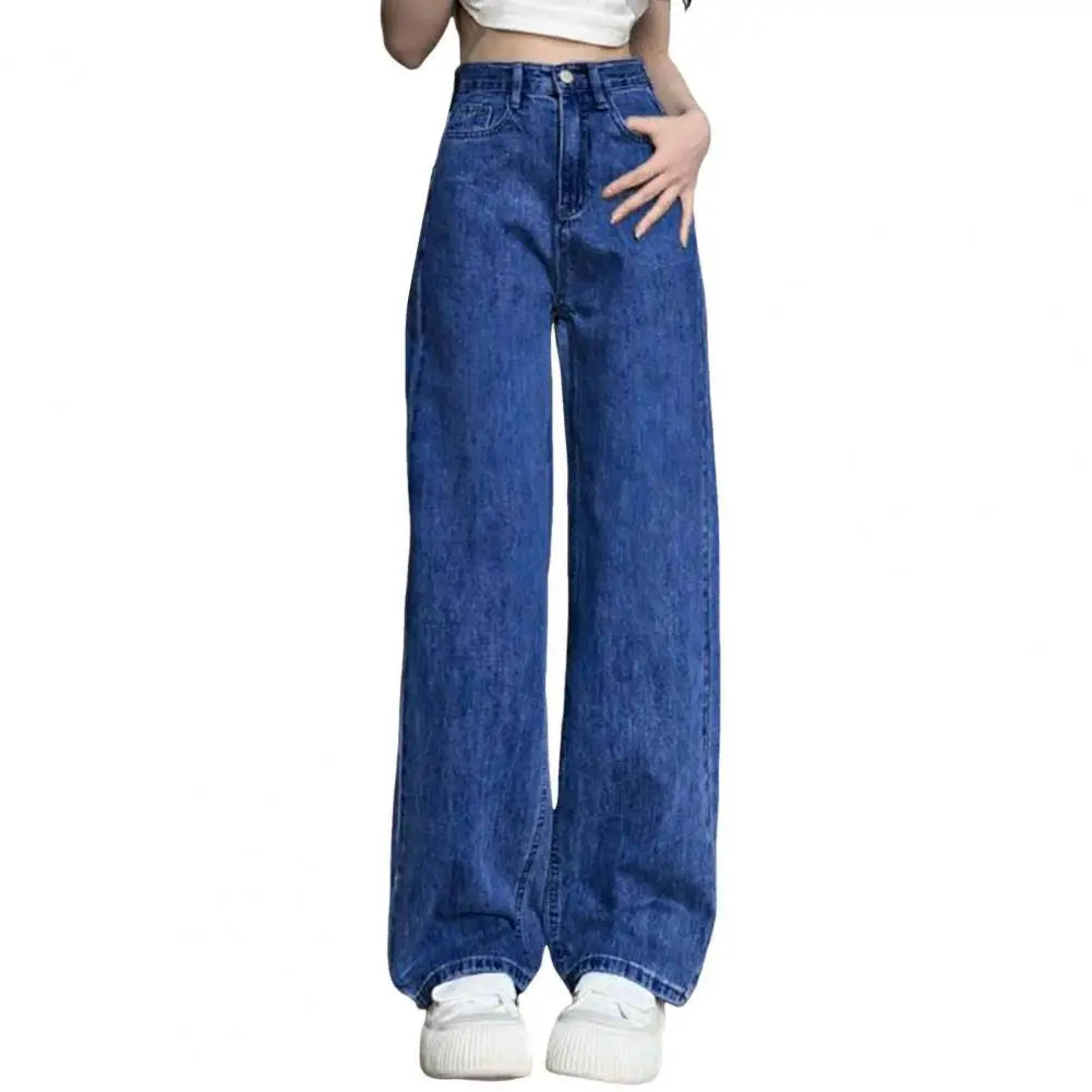 Women Jeans High Waist Button Zipper Closure Vintage Loose Fit Pockets Straight Wide Leg Streetwear Pants Daily Wear Long Trouse