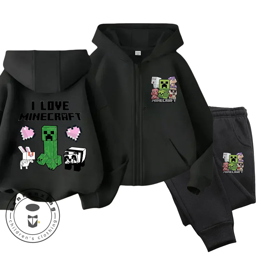 Melody Anime Printed Boy's and Girl's Minecraft Hoodies Zipper Set Casual Sports Fashion Top,Pants for Ages 3-14