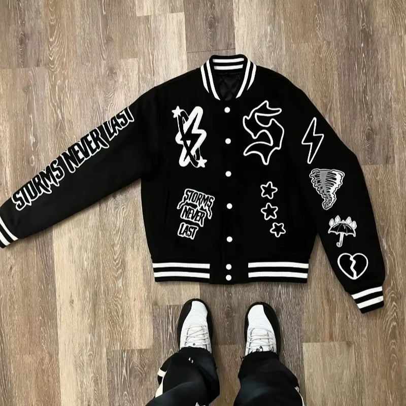 American Fashion Pattern Flocking Embroidery Jacket and Coat Men Street Y2K Hip Hop Joker Baseball Uniform Unisex Casual Jacket