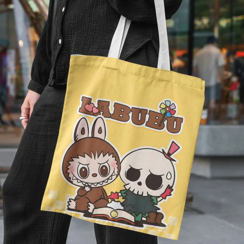 Lisa Same Labubu Canvas Bag Female Cute Cartoon Shopping HandBag College Casual Shoulder Anime Tote Bag For Women FJ07B