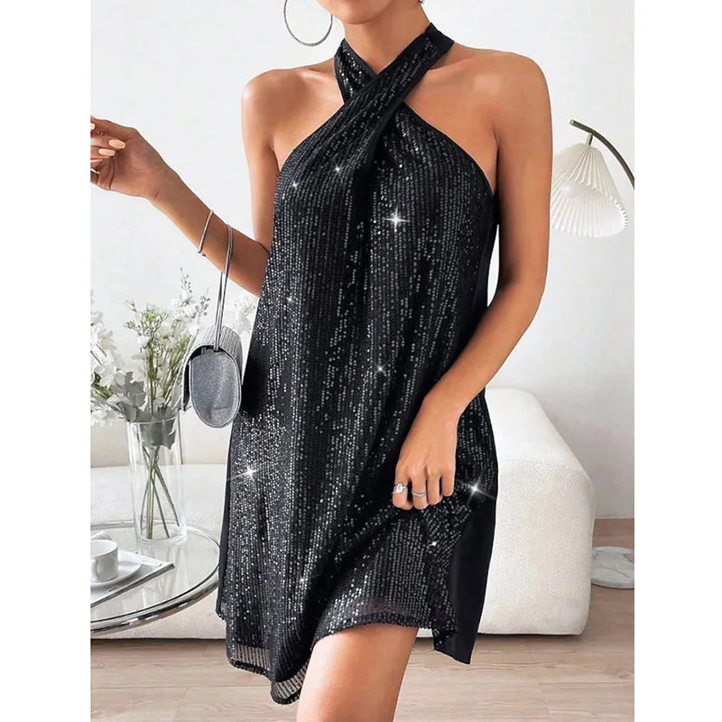 2024 New Casual Loose Skinny Off Shoulder Sexy Sequins Mini Dress for Ladies