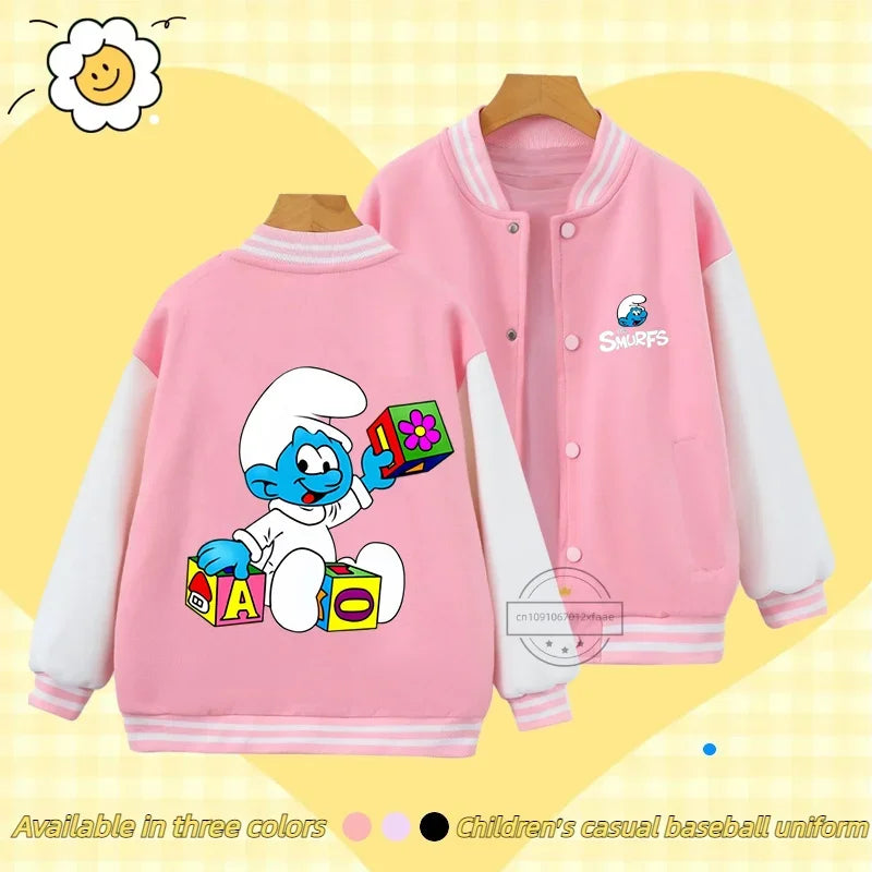 Smurfs Anime Men and Women's Casual Fashion Sports Baseball Jacket Cardigan Sweatshirt Jacket 3-14 Years Old Autumn