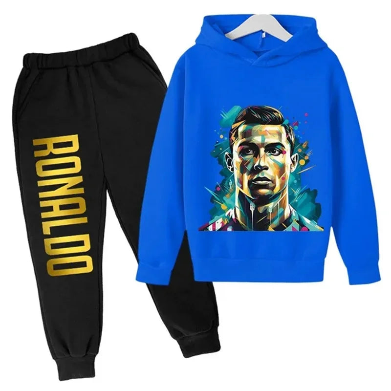 Ronaldo printed children's hoodie set autumn and winter fleece hooded pants two-piece sports casual children's clothing