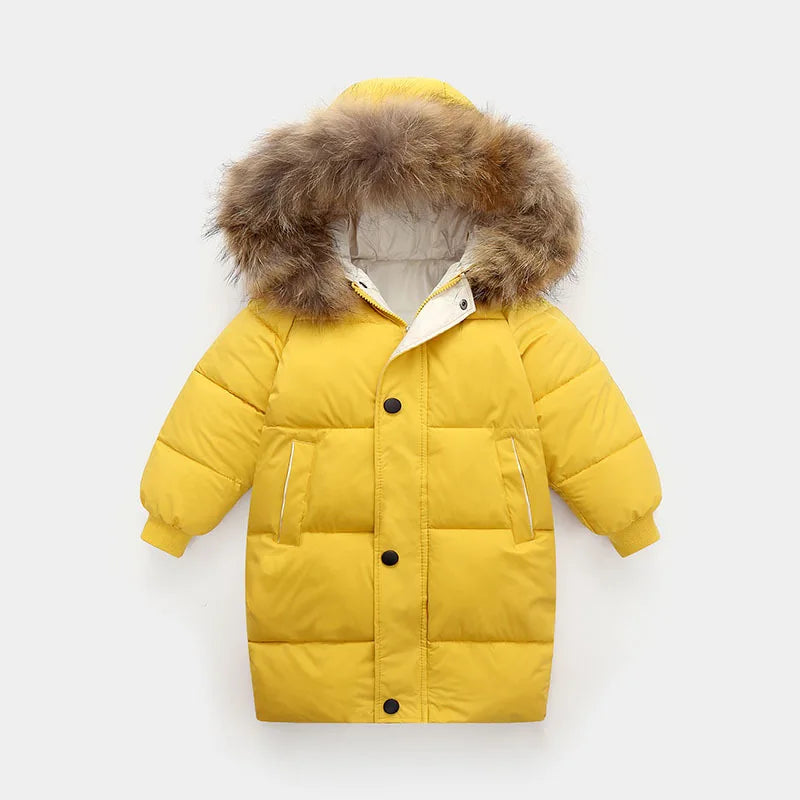 Kids Thicken Warm Down Coat Boys Winter Real Fur Hooded Long Parkas Girls Cotton Down Jackets Outerwears Teen Children Clothing