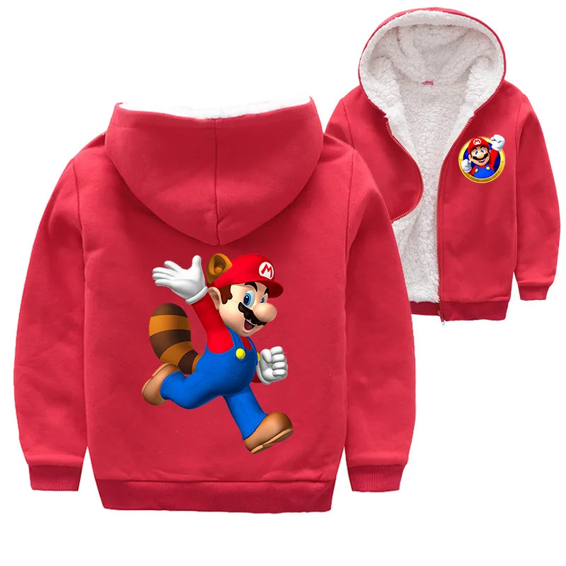 Mario Game Anime Peripheral Children's Clothing Warm Jacket Thickened Velvet Hooded Zipper Cardigan Coral Velvet Winter Coat