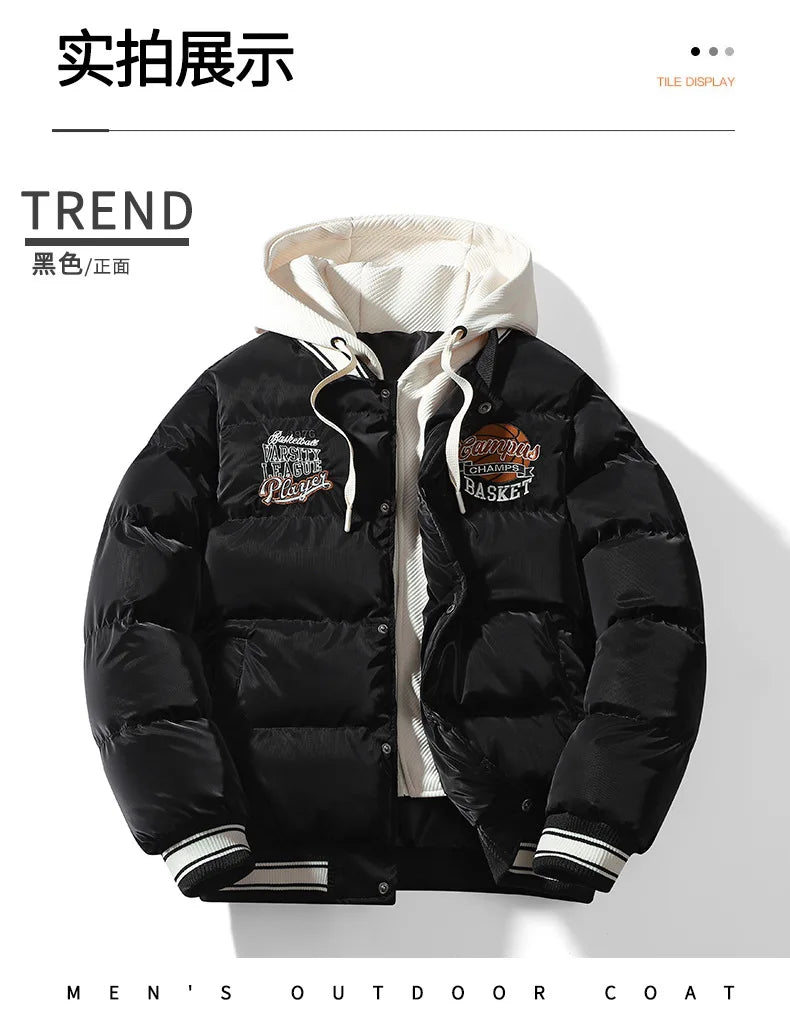 2024 New Winter Men Jacket Basketball Thickened Warm Coats Man Casual Hooded Jackets Fashion Hip Hop Street Wear Top Clothing