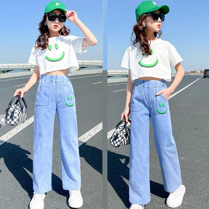 2PCS 2023 Summer teens Girls Clothes Sets Outfits Kids crop top T-shirt + demin Pants jeans Child tracksuit 6 8 10 12 14 Year