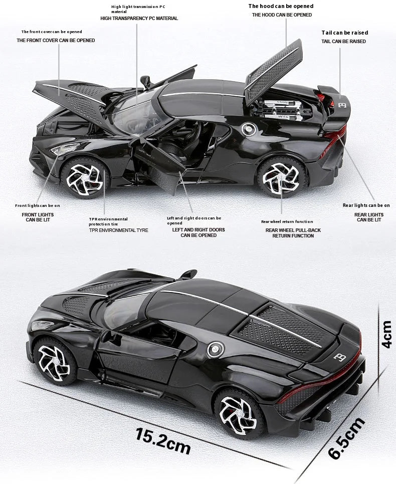 1:32 Bugatti La Voiture Noire Sports Car Alloy Diecast Simulation Metal Model Sound & Light Pull Back Toy Collection Kids Toys