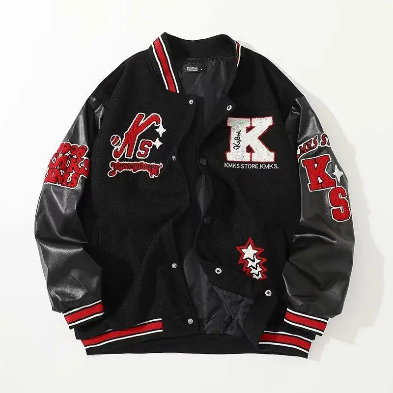 American Vintage Streetwear Black and Red Spliced Embroidered Baseball Jacket Men's and Women's Spring and Autumn Coat Clothes