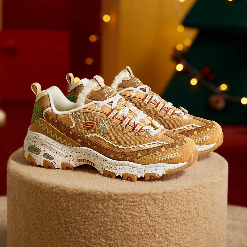 Skechers Shoes for Women "D'LITES 1.0" Dad Shoes, Retro Christmas Gingerbread Shoes Cashmere Panda Chunky Sneakers