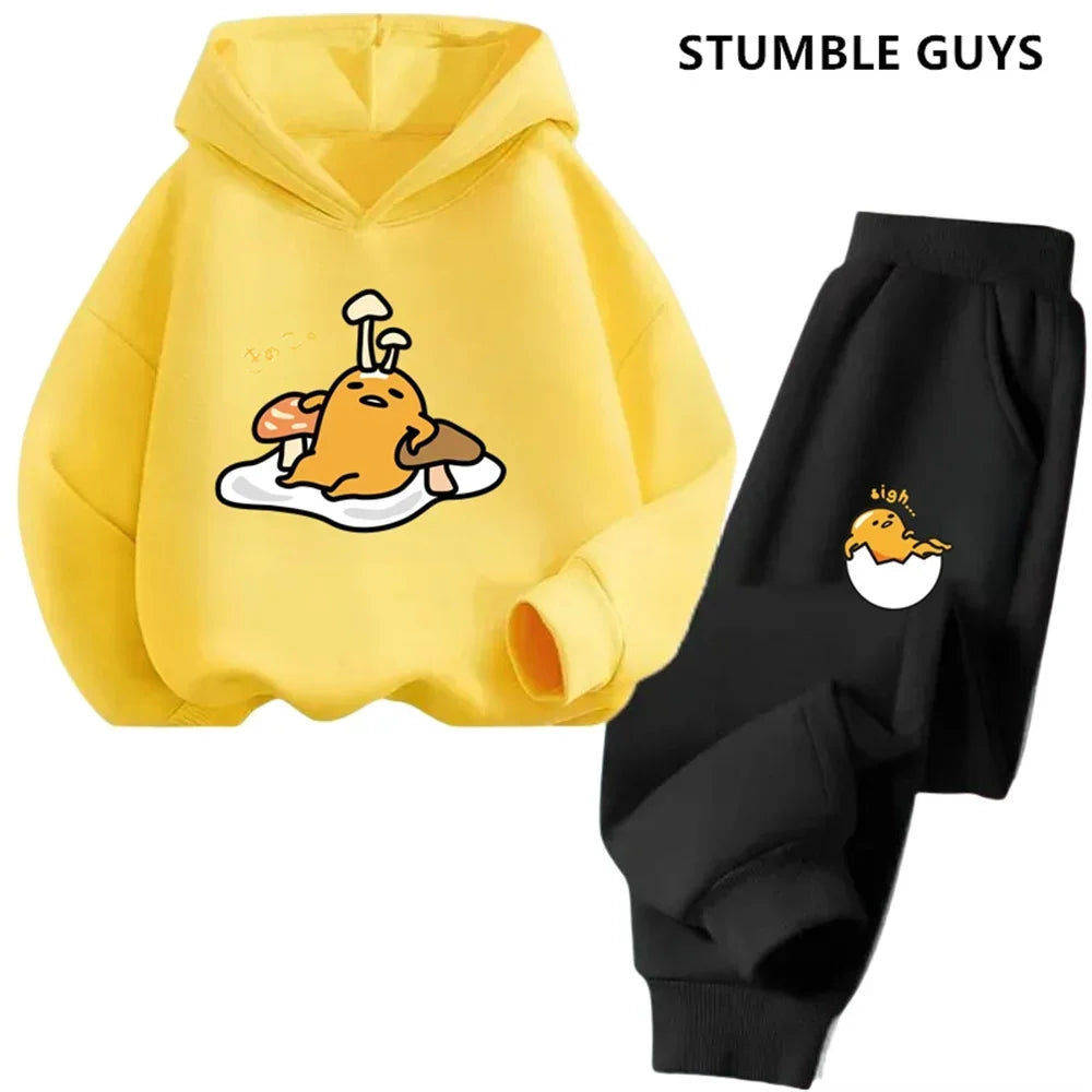 Gudetama Trucksuit Cartoon Boys and Girls 3-14 Years Old Kawaii Street Casual Sweatshirt Children's Outdoor Sports Hoodie Set