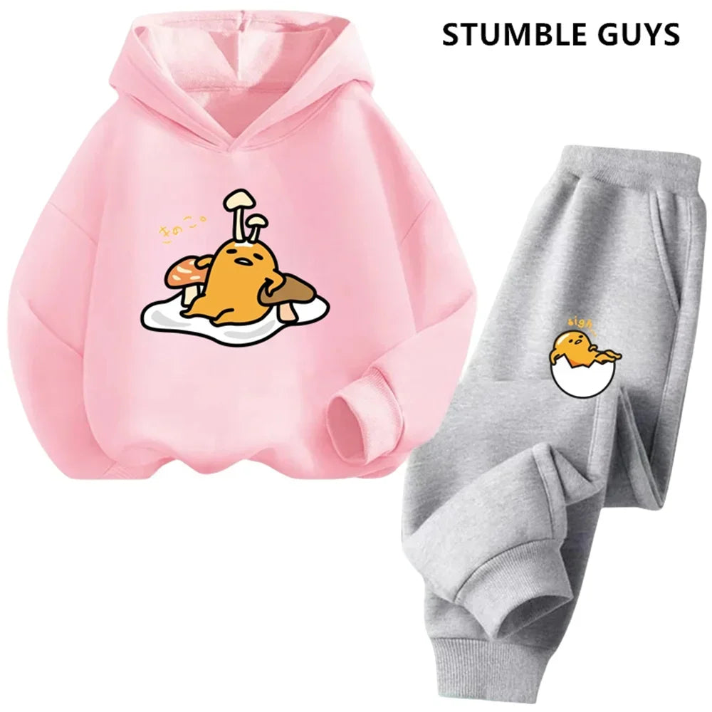 Gudetama Trucksuit Cartoon Boys and Girls 3-14 Years Old Kawaii Street Casual Sweatshirt Children's Outdoor Sports Hoodie Set