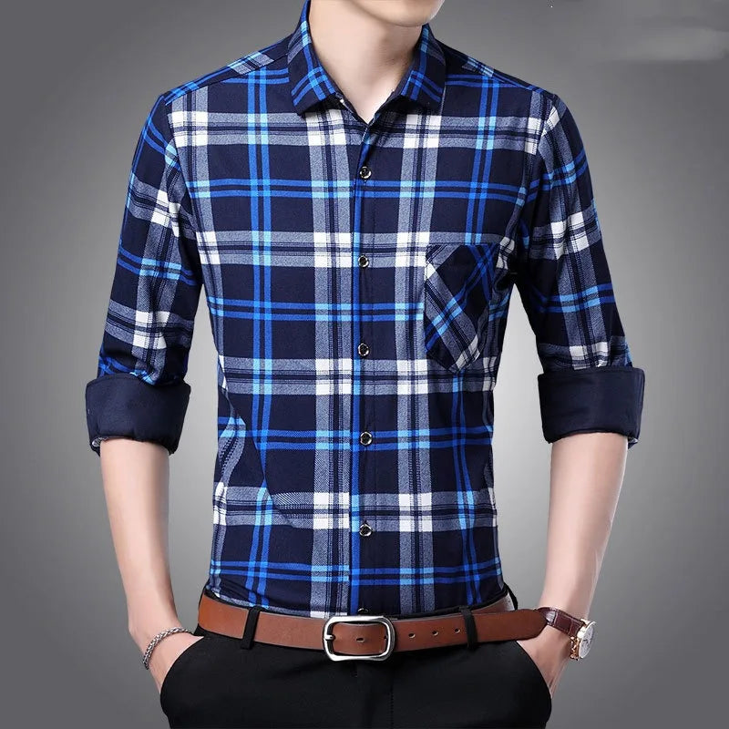 Spring Autumn Men's Turn-down Collar Plaid Stripe