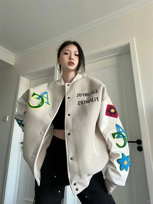 Retro American Embroidered Baseball Uniform Tide Ins Autumn And Winter Korean Version Of Loose Women's Jackets Sweet Coat Women