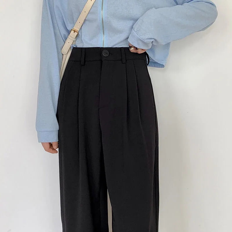 High Waist Women Suit Pants Fall Straight Office Ladies Korean Fashion Trousers Casual Button Loose Female Black Pants New 2024