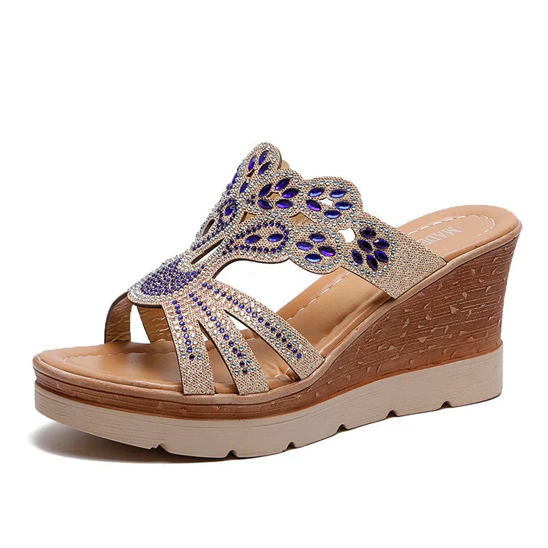 Women Round Toe Wedges Heel Casual Party Rhinestones Sandals