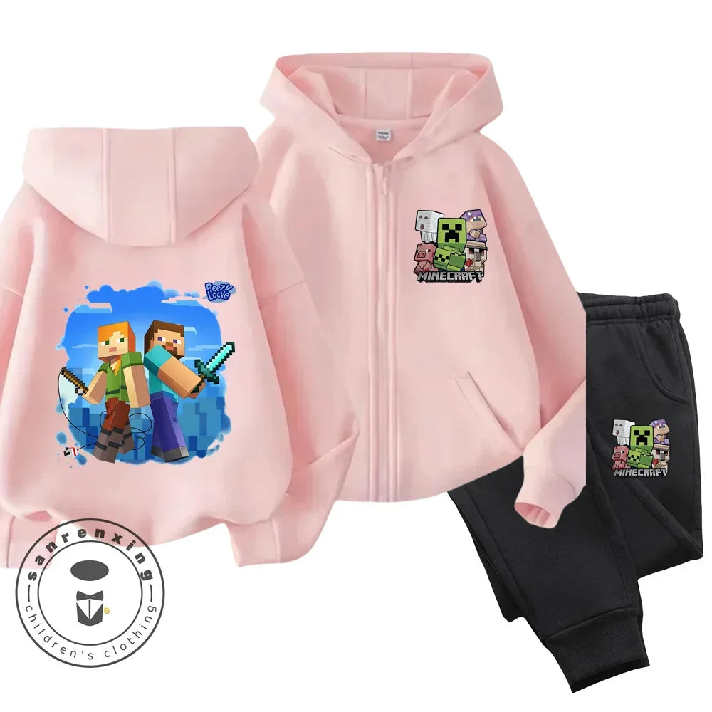 Melody Anime Printed Boy's and Girl's Minecraft Hoodies Zipper Set Casual Sports Fashion Top,Pants for Ages 3-14