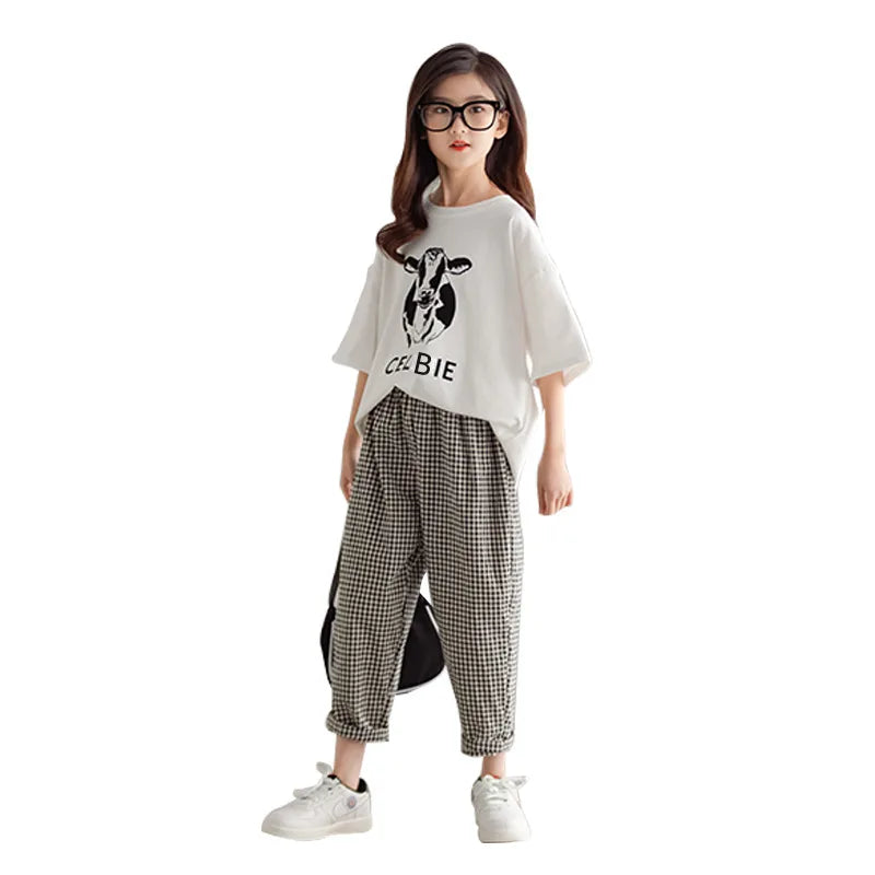 2024 Teenager spring Kids Girls clothes cotton cow half sleeve Outfit Tops t shirt + plaid ankle-tie Pants 6 7 8 9 10 11 12 year