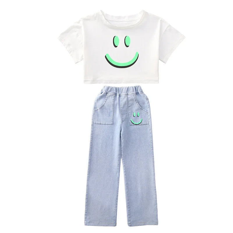 2PCS 2023 Summer teens Girls Clothes Sets Outfits Kids crop top T-shirt + demin Pants jeans Child tracksuit 6 8 10 12 14 Year