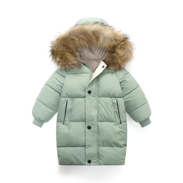 Kids Thicken Warm Down Coat Boys Winter Real Fur Hooded Long Parkas Girls Cotton Down Jackets Outerwears Teen Children Clothing