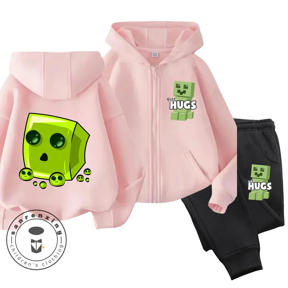 New Disney Minecraft Printed Pattern Children's Zipper Hoodie Set Cute Girls' and Boys' Casual Sports Hoodie Set Campus Style