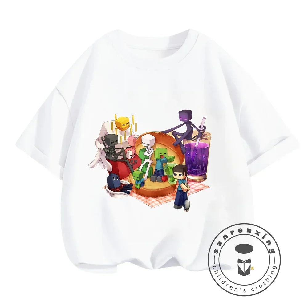 2024 Summer Minecraft Print Children Cotton T Shirts Cartoon Game Boys Girls Clothes Kids T-shirt Clothes For 3-13Y