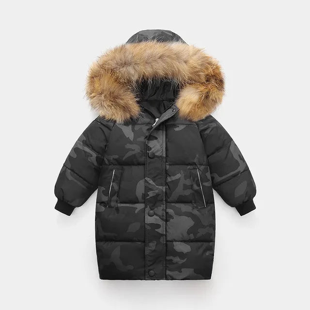 Kids Thicken Warm Down Coat Boys Winter Real Fur Hooded Long Parkas Girls Cotton Down Jackets Outerwears Teen Children Clothing