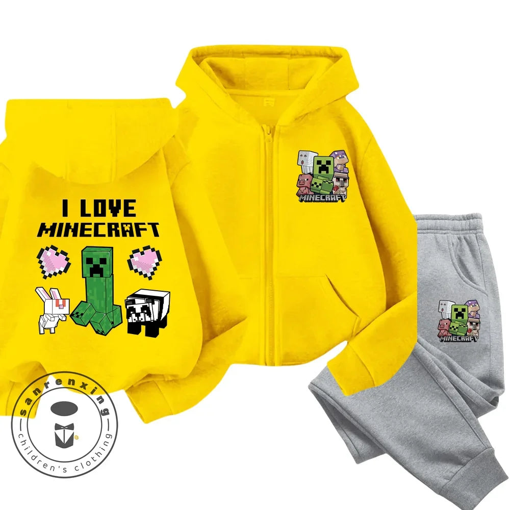 Melody Anime Printed Boy's and Girl's Minecraft Hoodies Zipper Set Casual Sports Fashion Top,Pants for Ages 3-14