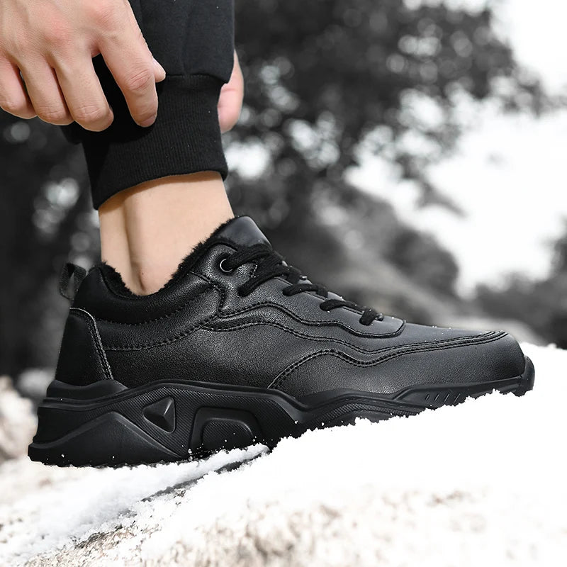 Black Chunky Sneakers Men PU Waterproof Winter Warm Plush Masculino Running Outdoor Walking Sneakers Men Casual Shoes Big 46