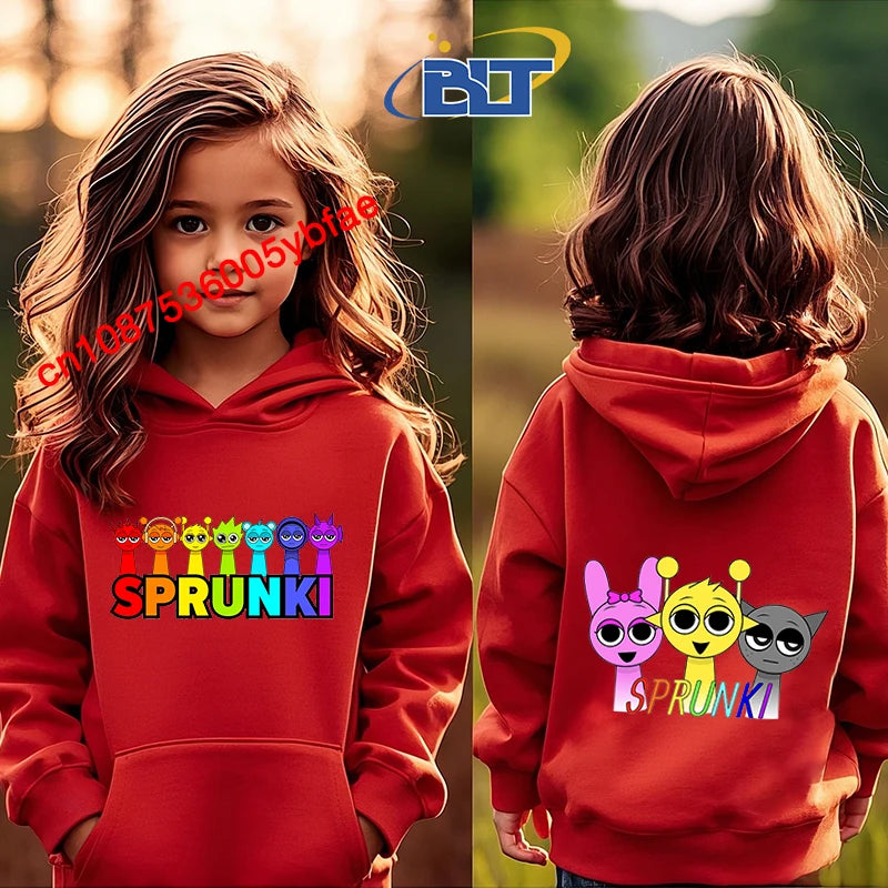 Cartoon Sprunki printed children's clothing kids hoodie red sports sweater casual tops for girls