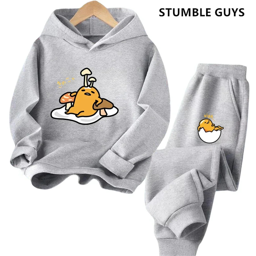 Gudetama Trucksuit Cartoon Boys and Girls 3-14 Years Old Kawaii Street Casual Sweatshirt Children's Outdoor Sports Hoodie Set