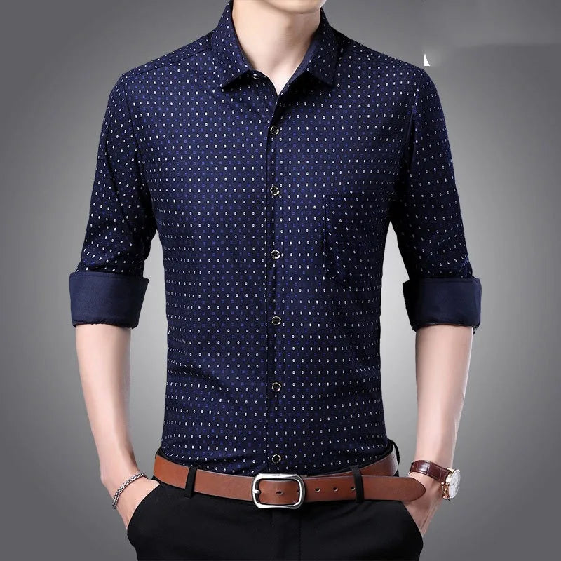 Spring Autumn Men's Turn-down Collar Plaid Stripe