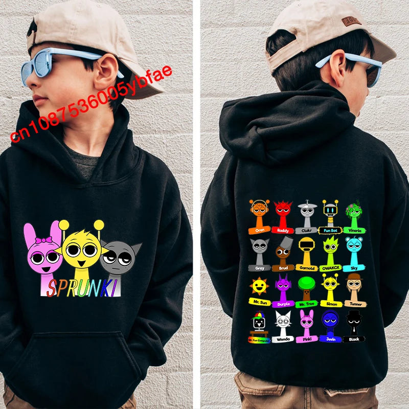 Cartoon Sprunki print kids hoodie black sports sweater casual children's clothing for boys