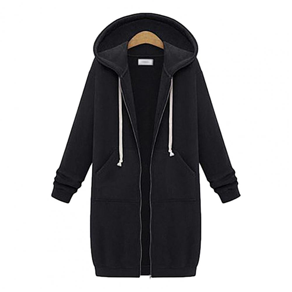 Solid Color Side Pockets Jacket Hoodie Long Sleeve Zipper Closure Drawstring Hooded Sweatshirt Ladies Clothing