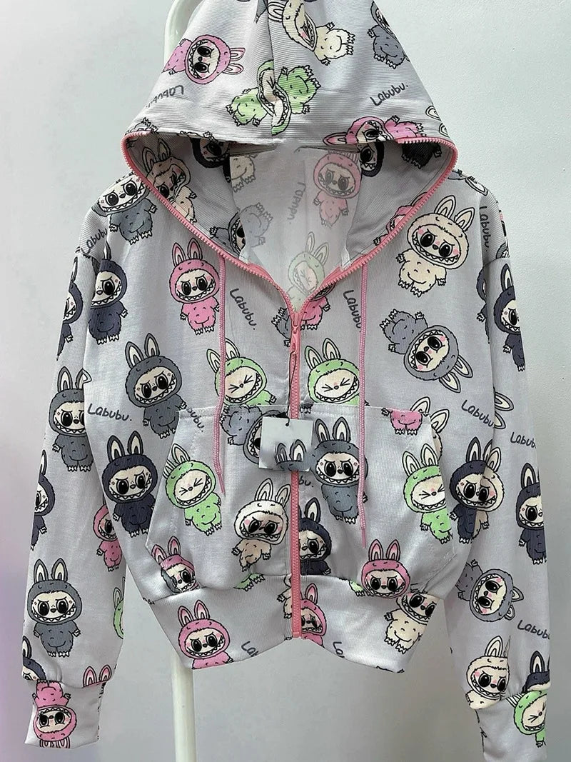 LABUBU Cartoon Hoodie Anime Print Hooded Sweatshirt Kawaii Cute Cardigan Loose Long Sleeved Jacket Thin Top Ins Clothing Gift