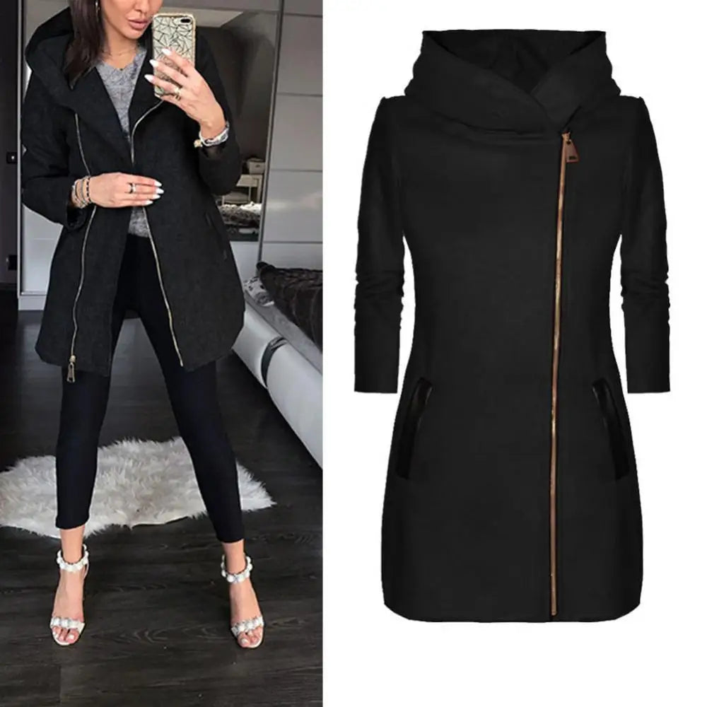 Women Fashion Solid Color Thicken Wadded Hooded Coat Zipper Midi Jacket Outwear Loose Outerwear Chic Tops