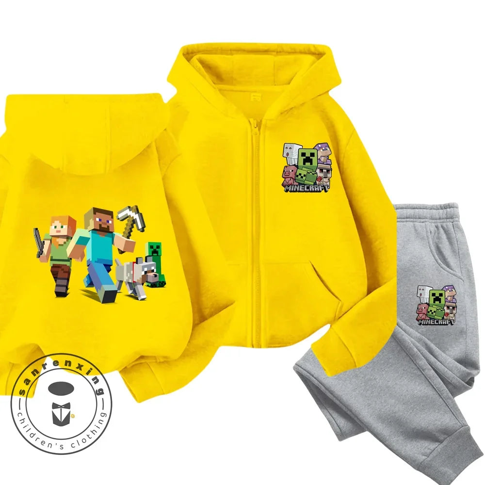 2024 New Minecraft Cherry Printed Hooded Zipper Hoodie Set for Boys and Girls Casual Top Children's Sports Comfort Set