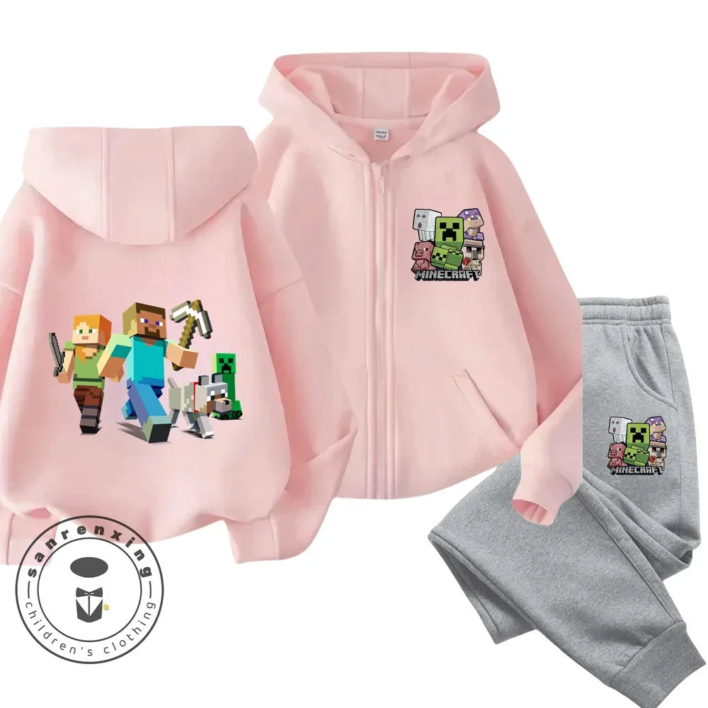 2024 New Minecraft Cherry Printed Hooded Zipper Hoodie Set for Boys and Girls Casual Top Children's Sports Comfort Set