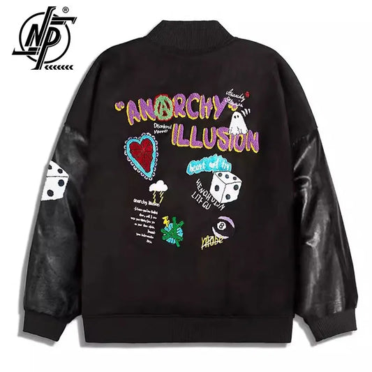 Hip Hop Harajuku sorte jakker Mænd Kvinder Patchwork Broderi Casual Bomberjakke Par Vintage Løs Varsity Frakke Forår 2023