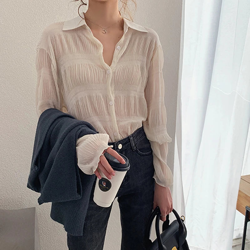 New  Spring Vintage Elegant Women Chiffon Blouses Casual Long Sleeve