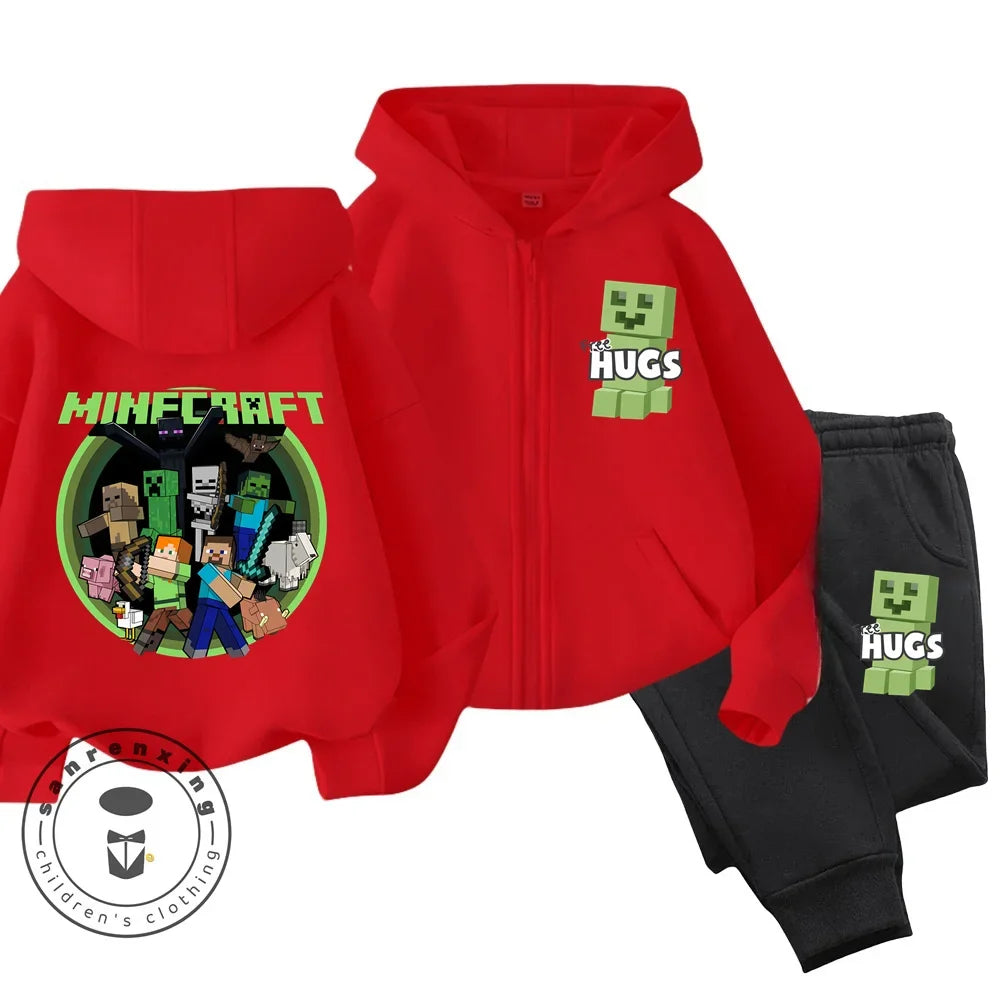 New Disney Minecraft Printed Pattern Children's Zipper Hoodie Set Cute Girls' and Boys' Casual Sports Hoodie Set Campus Style