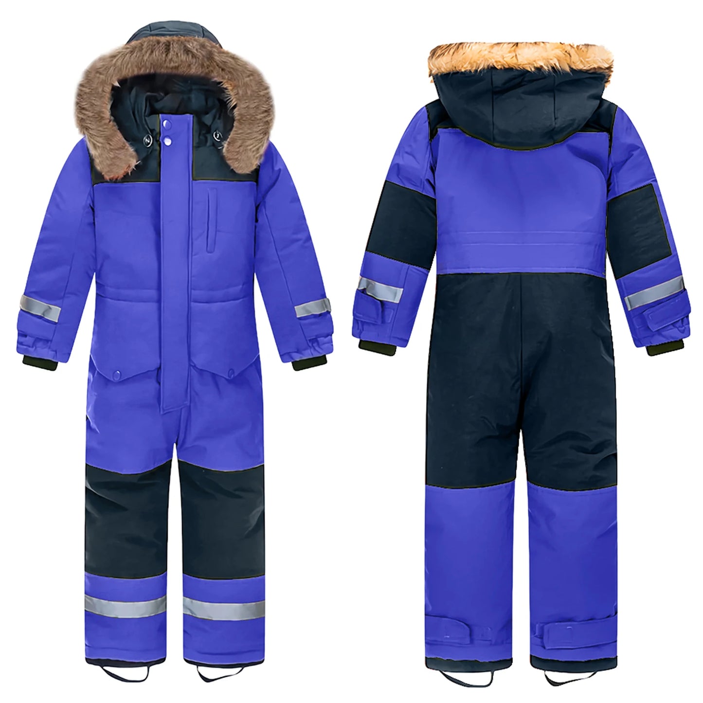 Girls Boys One-Piece Ski Suits Children's Snowboarding Fur Hooded Thick Windproof Warm Skiing Sports Clothes for Winter