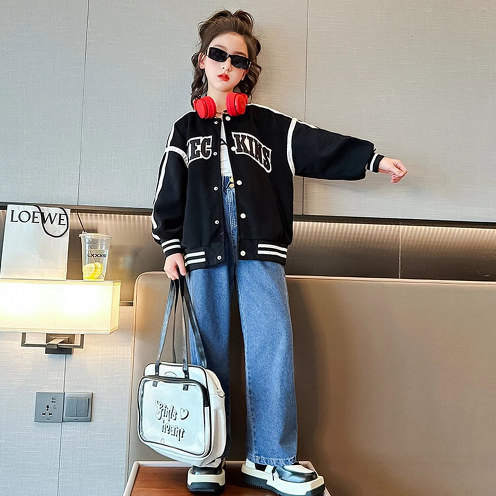 Spring Fall New Girls Baseball Jacket Fashion Splicing Teen Kids Outerwear Loose Casual School Children Clothing 10 12 14 Years