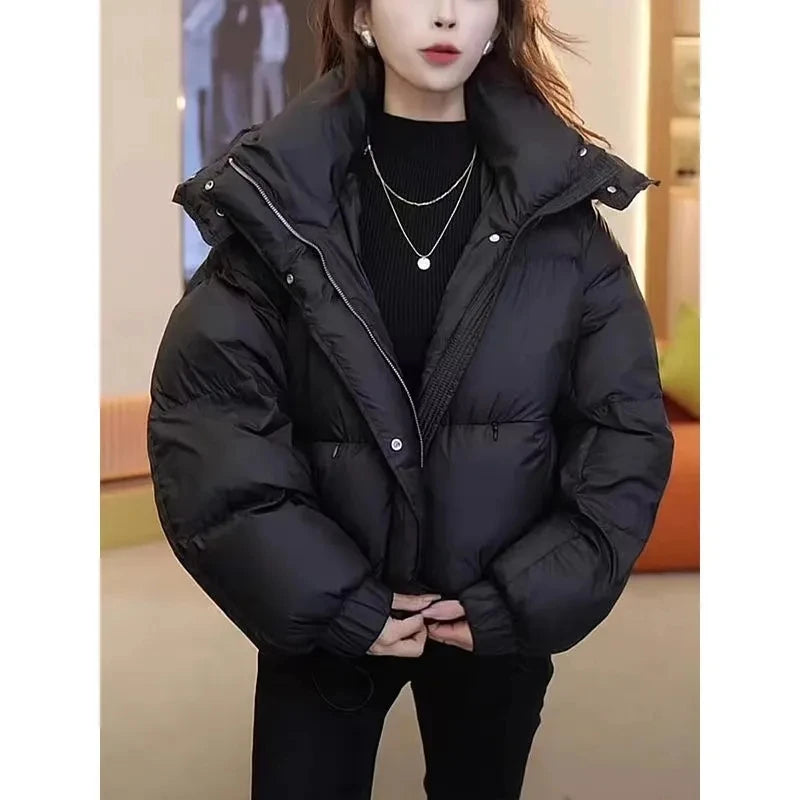 Wear a High-grade Cotton-padded Jacket For Women In Autumn Winter 2024 Solid Color Oxygen Hooded Female Coat With Overcoat