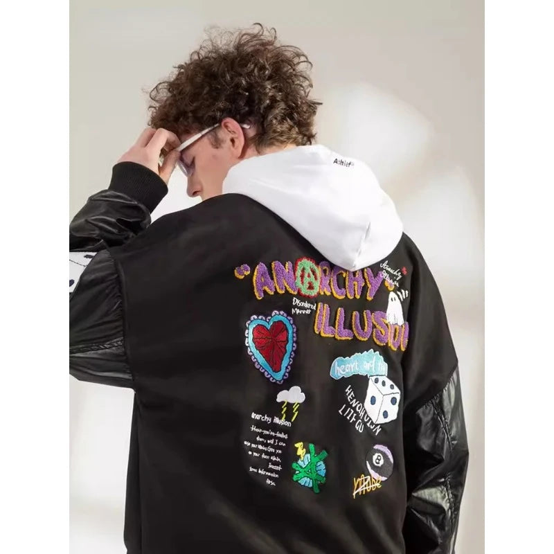 Hip Hop Harajuku Black Jackets Men Women Patchwork Embroidery Casual Bomber Jacket Couple Vintage Loose Varsity Coat Spring 2023