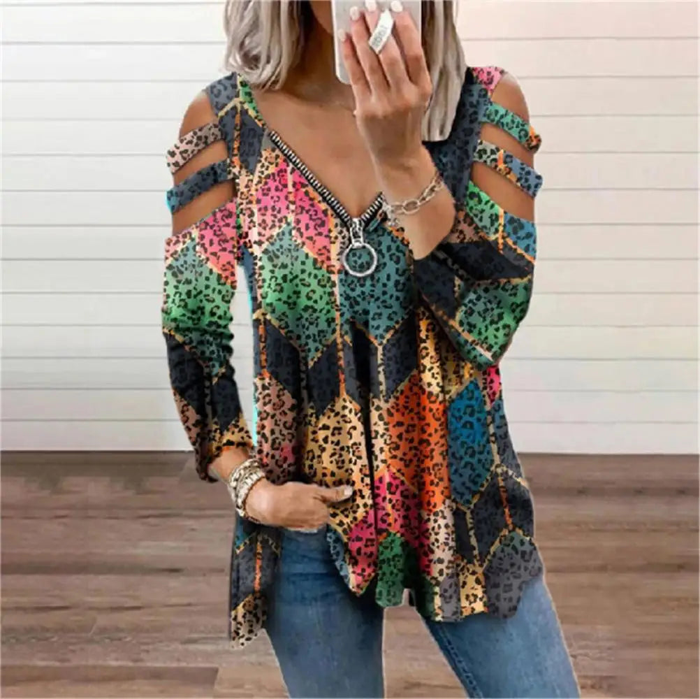 Cold Shoulder T-shirt Ladies Long Sleeve Blouse Tunic Tops High Quality Clothing