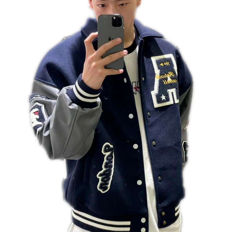 Men's Navy Blue Short Baseball Jacket Spring Autumn Embroidery Single Breasted Long Sleeves Turndown Collar Jackets Coat