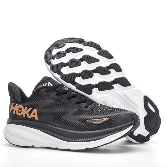 HOKA Clifton 9 Kvinder og Mænd Sort Guld Stof Skridsikker Slidfast Low-top Løbesko Trainer Sneakers