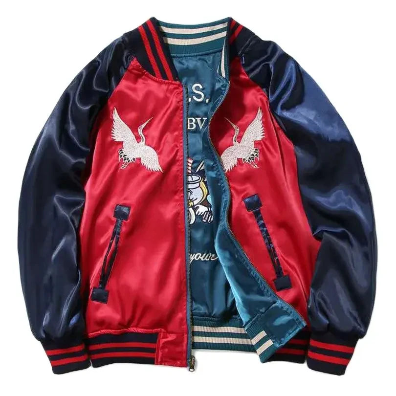 Satin Bomber Jacket Women Men Sukajan Crane Embroidery Coat Hiphop Boys Harajuku Clothing 2025 Autumn Spring