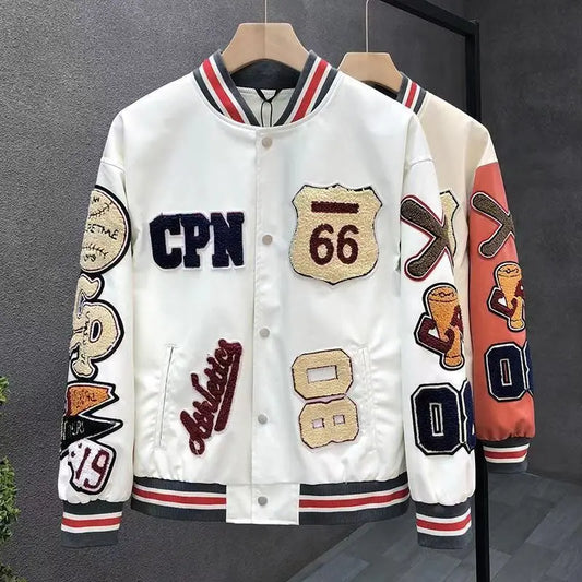 Men's Spring Autumn baseball uniform Retro Trend Men Leather Jacket heavy industry Embroidery white short Coat ins hot sale